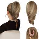 Clip on Ponytails for Women - 12 Inch Short Ponytail Extension, Curly Pony Tails Hair Extensions, Synthetic Hair Extensions Ponytail, Clip in Ponytail (Dark Blonde with Beige Blonde Highlights)
