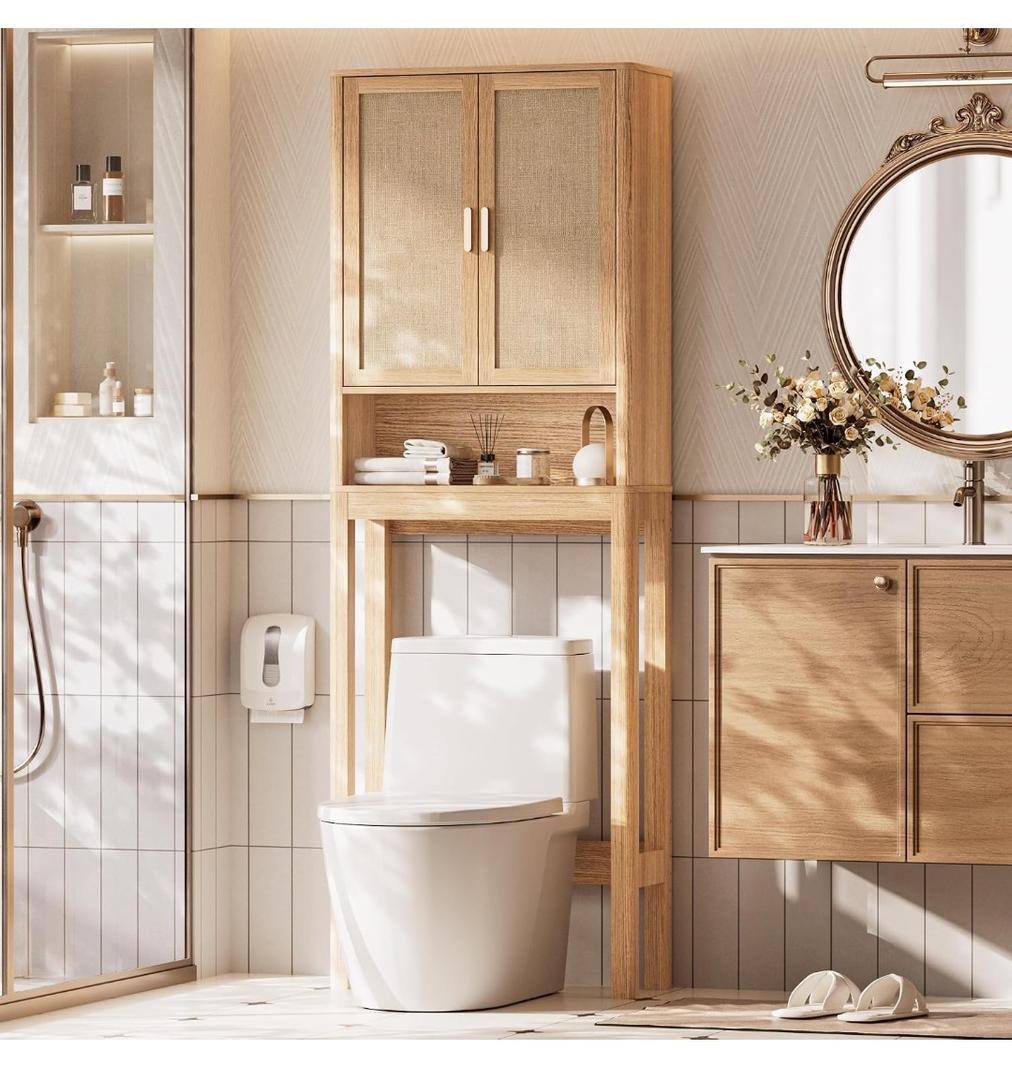 Over the Toilet Storage Cabinet, Bathroom Storage Cabinet with Rattan Doors, Bathroom Cabinet Over Toilet with Adjustable Shelf, Tall Freestanding Over Toilet Bathroom Organizer, Boho Natural Style, 9 Inches X 23 Inches X 68 Inches