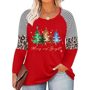 Plus Size Christmas Shirts Women Merry and Bright Christmas T Shirt Xmas Light V Neck Tees Xmas Holiday Long Sleeve Tops, 4XL