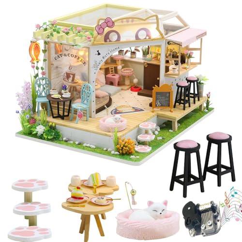 Cat Cafe Wooden Miniature Dollhouse Kit DIY Pet Cat Coffee Shop Building Model Accessories with Furniture LED Light Music Box Birthday (Without Dust Cover)