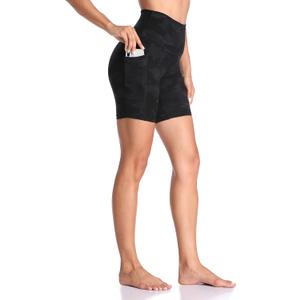 Colorfulkoala Women's High Waisted Biker Shorts with Pockets 6" Inseam Yoga Tummy Control Short (Large, Deep Grey Splinter Camo)