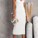 Lacozy Womens Bodycon Midi Dress Sexy V-Neck Sleeveless Ribbed Sweater Dress Casual Tank Knit Dresses White S