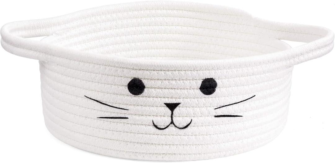 Small Woven Basket, Cute Cat Toy Basket for Living Room, Decorative Nursery Bin for Toys, Diapers, Empty Gift Baskets for Baby, White, 9.8 x 4 inches