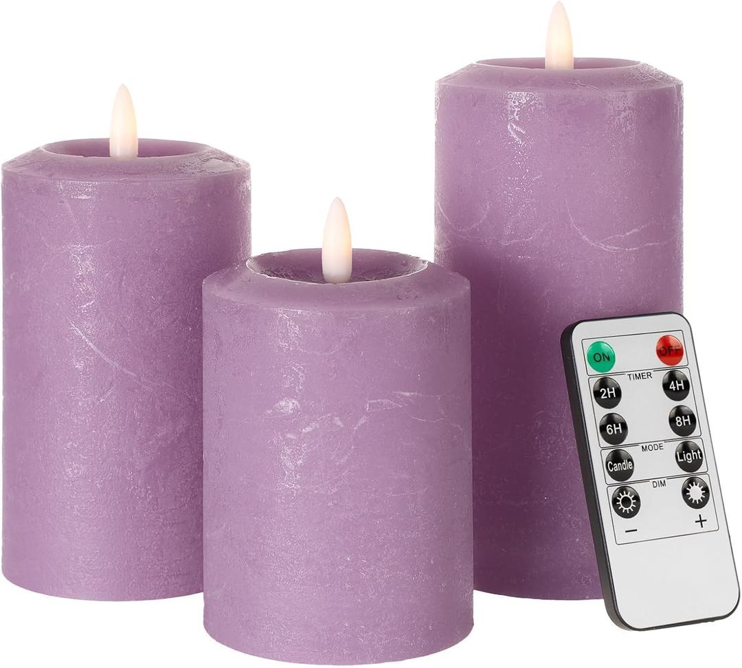 ANGELLOONG Purple LED Candle with Timer, Real Wax Flameless Pillar Candles with Remote, Set of 3 Flickering Electric Battery Operated Candles for Home Decor Halloween Christmas Decoration
