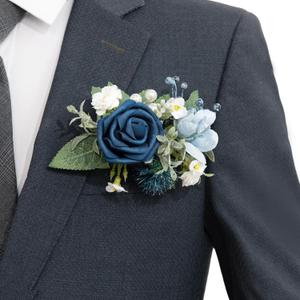 Ling's Moment Single Pocket Boutonniere for Man Groom, Artificial Flowers for Wedding Decor/Prom/Homecoming/Graduation, etc.Dusty Blue Navy (6" W x 5" H, Blu-dusty Blue & Navy)