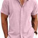 COOFANDY Men's Linen Shirts Short Sleeve Casual Shirts Button Down Shirt for Men Beach Summer Wedding Shirt (Pink, S)