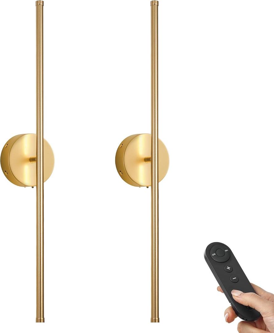 KARTOOSH Battery Operated Wall Sconces with Remote Control, Dimmable Wall Sconces Set of Two, 350Rotate, 3000K LED Gold Wireless Wall Light for Living Room, Bedroom, Hallway, 28.3 Inch (2 Pack)