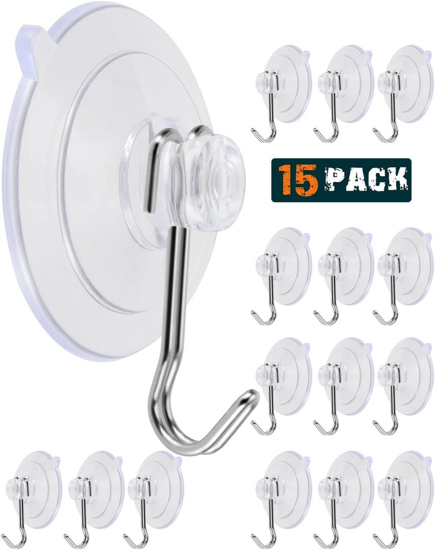 Suction Cup Hooks, Transparent PVC Removable Reusable, for Glass Windows, Mirrors, Doors, Tiles, 15 Pack