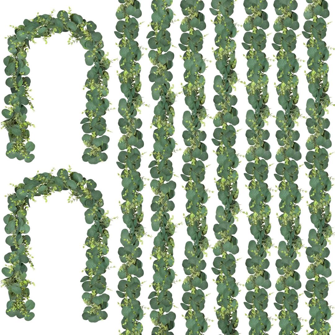 CQURE 9Pcs Eucalyptus Garland,Artificial Eucalyptus Leaves Table Greenery Garland Wreath Vines for Wedding Party Table Bedroom Wall Decor (53.1 Ft)