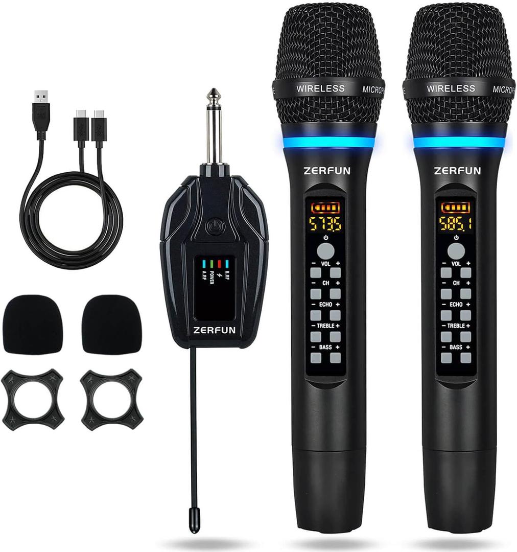 Dual Wireless Microphones Rechargeable, UHF Metal Wireless Mic System Cordless Microphone Professional with Echo Treble BASS VOL Channel Control for Karaoke Singing Church Events