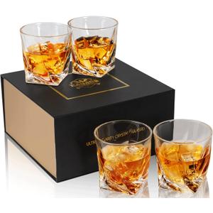 KANARS Whiskey Glasses Set of 4, 10 Oz Crystal Old Fashioned Cocktail Glass in Gift Box, Twisted Lowball Bourbon Tumbler for Scotch Whisky Cognac, Rock Barware for Men Gift Christmas