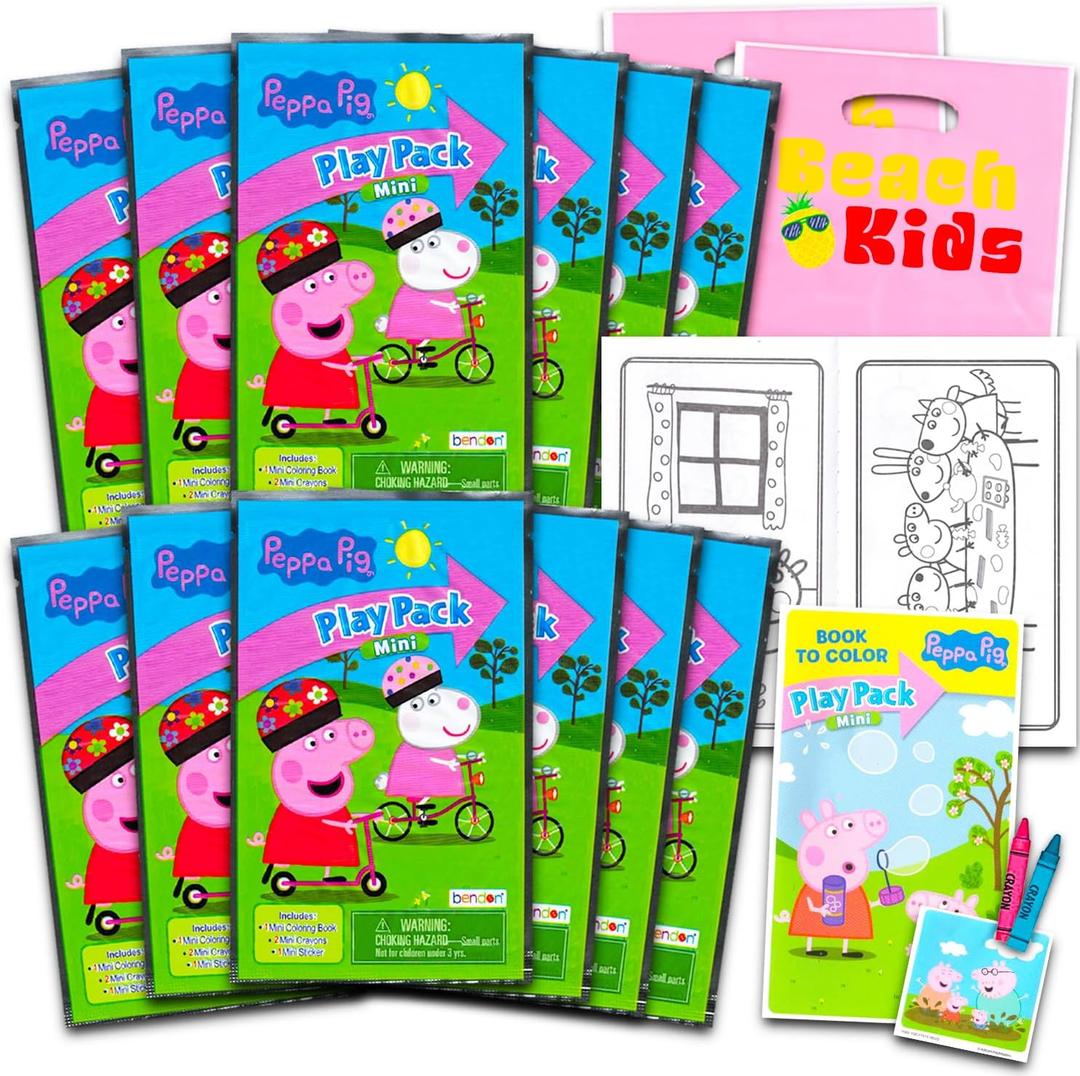Bendon 12 Pc Peppa Pig Mini Party Favors Set - Bundle with 12 Peppa Pig Play Packs | Mini Coloring Books, Stickers, and Goodie Bags (Peppa Pig Birthday Party Supplies Decorations)