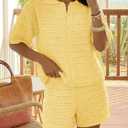 Fisoew Womens Summer 2 Piece Crochet Beach Outfit Cover Ups Button Cardigan Loose Knit Shorts Sets Vacation Swimsuit (Yellow, S)