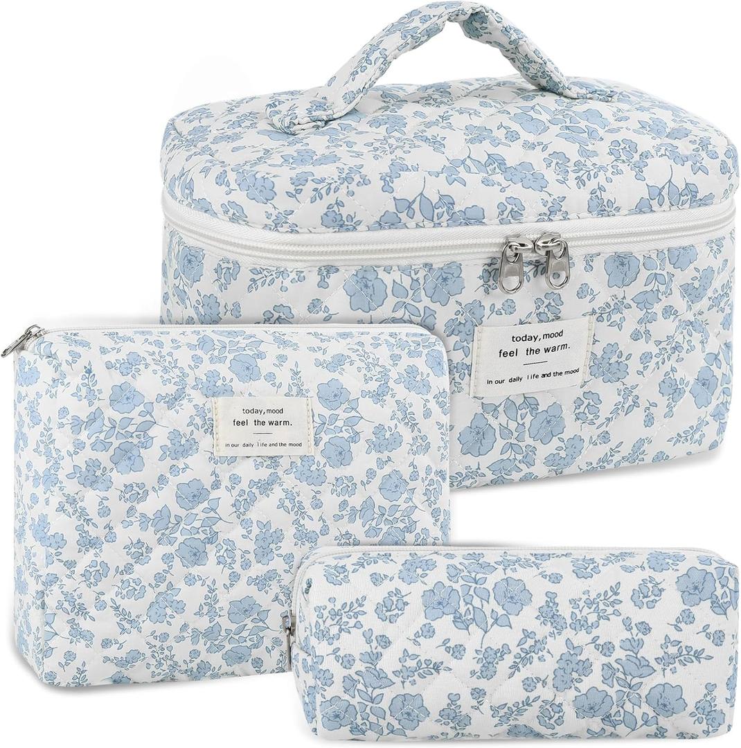 Anfly Makeup Bag, Quilted Cosmetic Bags, Large Floral Make Up Bag for Women, Cute Cotton Makeup Bag 3PC Set, Travel Toiletry Bag (Blue)