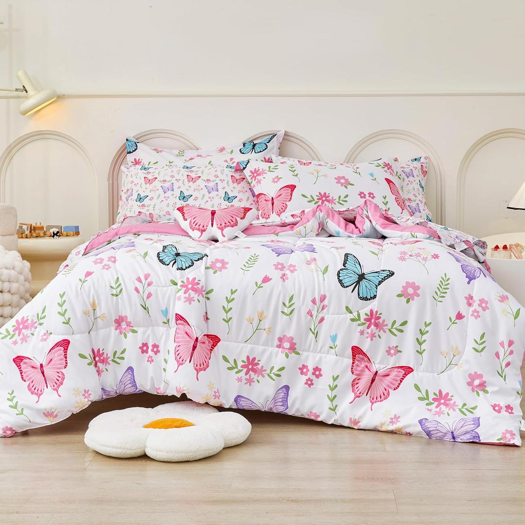 Mooreeke Twin Size Comforter Sets for Girls Kids, 6 Pieces Bed in a Bag Flower and Cat Bedding Comforter Sheet Set with Shams and Decorative Toy Pillow, Ultral Soft Microfiber Kids Bed Set