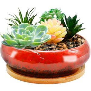 7.4 inch Ceramic Bonsai Pots with Trays Shallow Planters, Succulent Planters with Drainage Hole, Round Large Shallow Pots, Bonsai Pots Garden Decorative Cactus Stand Flower Container (Red)