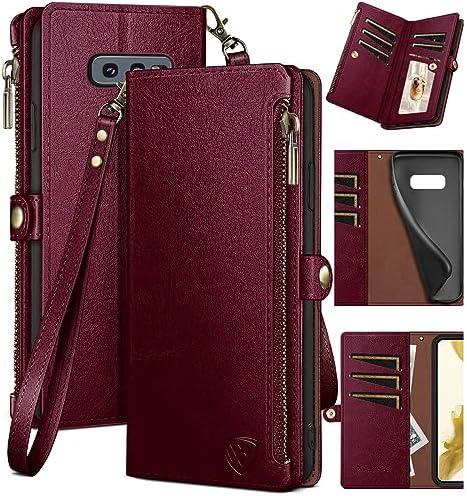 XcaseBar for Samsung Galaxy S10E Wallet case with Zipper Credit Card Holder【RFID Blocking】, Flip Folio Book PU Leather Phone case Shockproof Cover Women Men for Samsung S10E case Wine Red