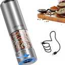 CIRCLE JOY Electric Pepper Grinder Stainless Steel Rechargeable Pepper Mill with External Adjustable Coarseness, 95ml Container and White LED Light, Silver