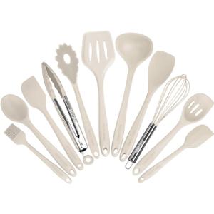 Kitchen Utensil Set - 11 Cooking Utensils - Colorful Silicone Kitchen Utensils - Nonstick Cookware with Spatula Set - Colored Best Kitchen Tools Kitchen Gadgets (Khaki)