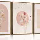 KISSFOX 3 Piece Framed Wall Art Botanical Wall Decor Pink Flower Pictures Wildflowers Canvas Art Watercolor Floral Paintings Minimalist Boho Artwork for Living Room Bedroom Office, 16x24 In Natural Framed