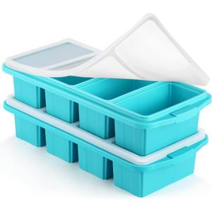 Silicone Freezer Tray With Lid - Silicone Freezer Food Molds- Large Ice Cube Tray,Silicone Freezer Container,Freeze & Store Soup, Sauce, Broth,Leftovers - Makes 4 Perfect 1 Cup (2Pack-Aqua)