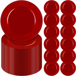 YMHPRIDE 60 Pack Red Plastic Reusable Dinner Charger Plates, 13'' Round Beaded Chargers Plates Vintage Table Decoration for Elegant Dining - Ideal for Weddings and Formal Events