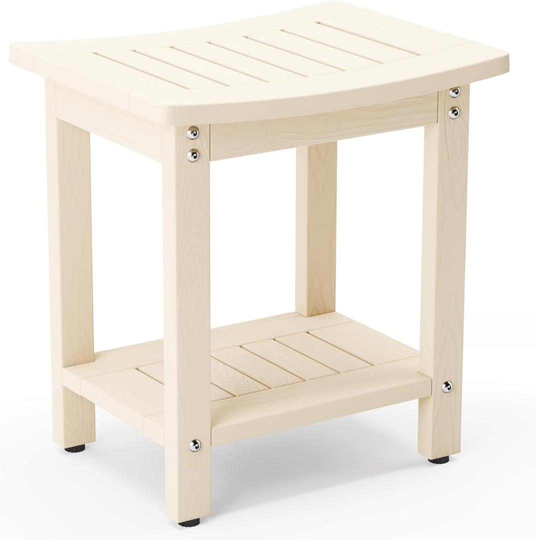 LUE BONA HDPS Shower Bench Seat, Shower Stool for Inside Shower Waterproof, Bath Spa Shower Foot Stool for Shaving Legs with Storage Shelf, Weather Resistant/Non-Slip/Indoor or Outdoor Use, Sand