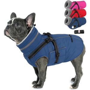 PETDSH Dog Coat Large, Built-in Harness Dog Jacket with Warm Fleece Lining, Waterproof Reflective Dogs Winter Coat, Pet Coats with Pocket and Trash Bags (Navy Blue, Large)