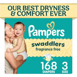 Pampers Swaddlers Diapers, Size 3 (13-26 lbs), 168 Count, Fragrance Free, Hypoallergenic, Absorbent, Pediatrician Recommended, Skin Safe