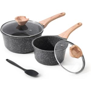 Sauce Pan Set with Lid, 1.5QT & 2.5QT Non Stick Small Pots with Granite Coating, Saucepan with Pour Spout, Multipurpose Induction Cooking Pans, PFOA/PFOS Free