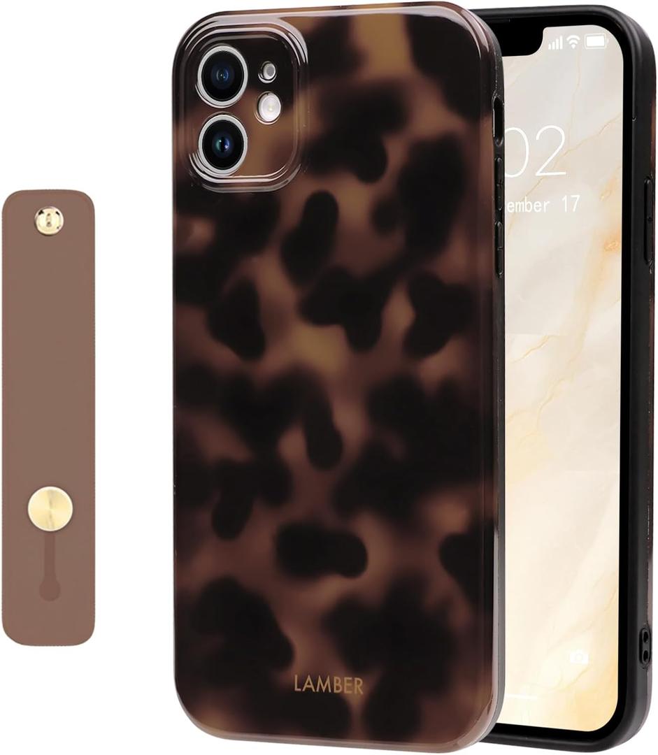 NITITOP Compatible with iPhone 12 Case with Wrist Strap Cute Stylish Leopard Aesthetic Tortoise Amber Design for Women Girls Men Soft TPU Shockproof Protective Cover - Brown