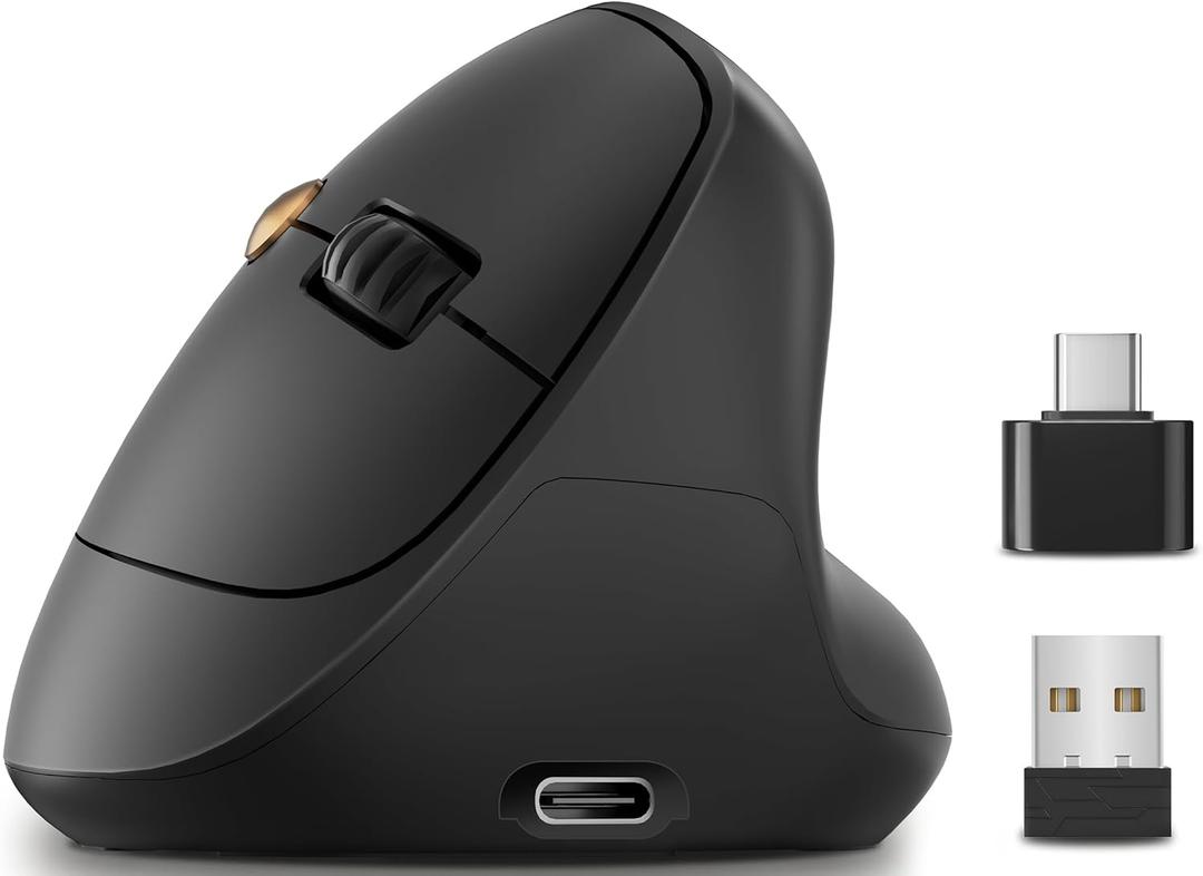 Ergonomic Vertical Wireless Mouse, 57 Natural Handshake for Wrist Pain Relief, Rechargeable 2.4G USB Computer Mouse, Quiet Click, 800/1200/1600 DPI, for Laptop PC Mac, Small/Medium Hands (Black)