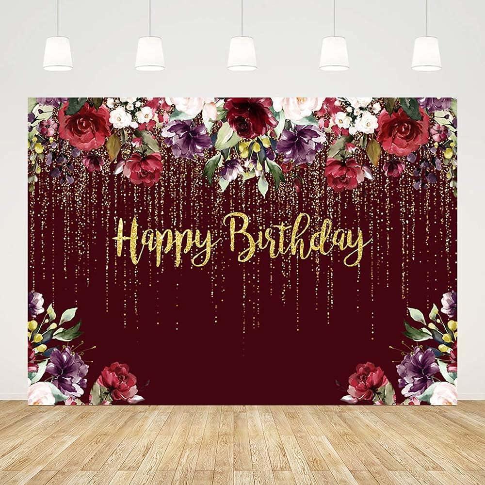 7x5ft Gold Happy Birthday Burgundy Backdrop Woman Girl Burgundy Red Purple Flowers Photo Background Dripping Beads Floral Party Decorations Cake Table Banner Supplies