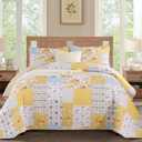 Anibedding Yellow Patchwork Quilt Set Queen Size Boho Floral Plaid Bedspread Coverlet Set, Soft Microfiber Bedding Set Summer Bed Cover, Yellow & Blue Patchwork Farmhouse Bedspread for All Season