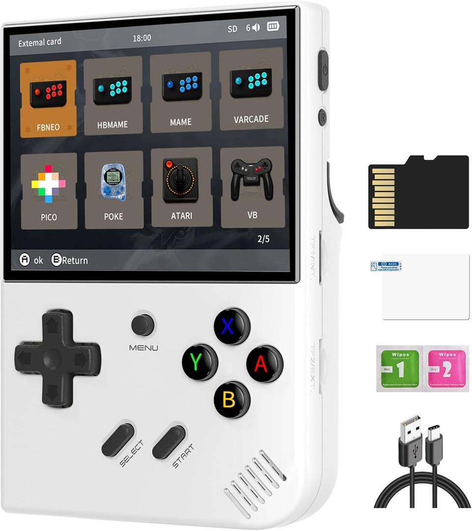 RG35XX Plus Retro Video Handheld Game Console Linux System 3.5 in IPS Screen Built-in 3300mAH Battery 64G TF Card Preinstalled 5500 Classic Games(RG35XX Plus White New)