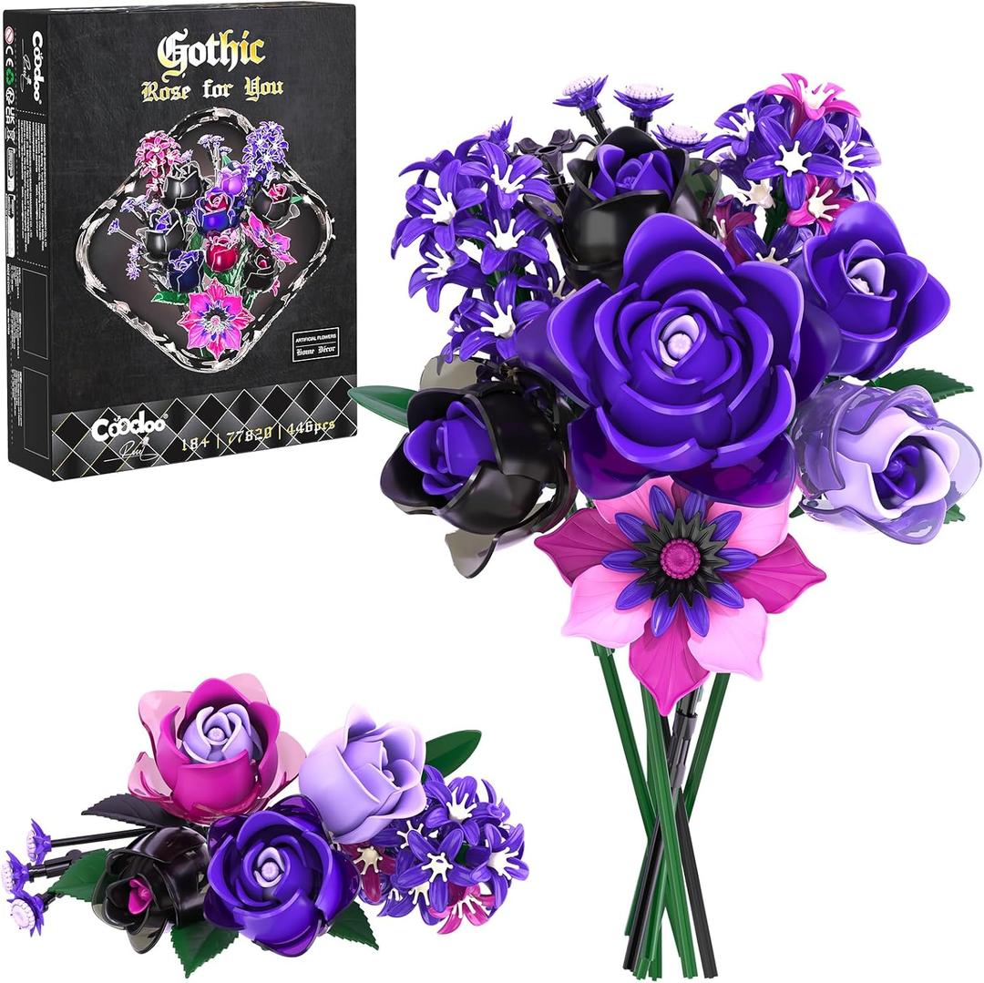 Gothic Rose Bouquet Building Set, Compatible with Lego Flowers, Halloween Botanical Collection for Home Decor, Creative Gifts for Valentines Day, Birthday & Teen Girl Gifts