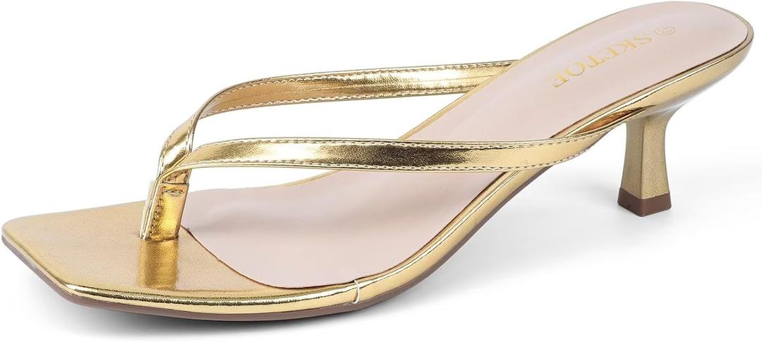 Kitten Heels for Women Square Toe Sandals Flip Flop Heels Thong Sandals Comfortable Summer 2 Inch Heels Sandals (Gold), 10.5