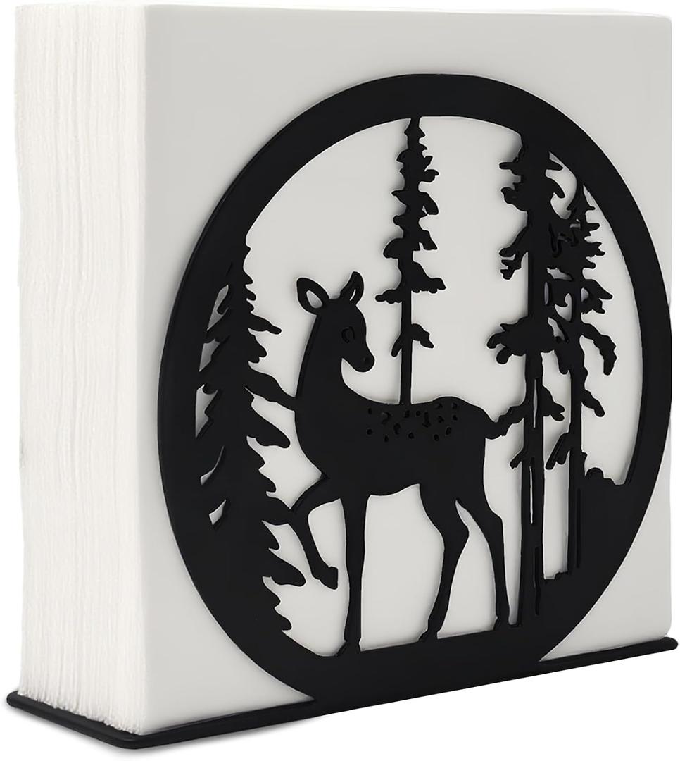 Sika Deer Design Napkin Holder for Table,Metal Standing Napkin Dispenser for 5-inch Paper Napkins,Black Metal Napkin Storage for Kitchen Dining Room Coffee Bar,Mail Letter Sorter Rack