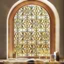 3D Stained Glass Window Privacy Film, Heat Control UV Blocking Static Cling Decorative Window Film for Bathroom,Front Door,Home Non Adhesive 23.6 x 35.4 inches Golden Filigree