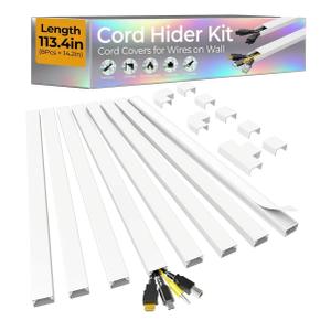 113.4in Cord Hider Kit, Cord Covers for 2-4 Wires on Wall, Self-Adhesive Cable Hider Wire Covers for Cords on Wall, Paintable Cord Hider for Walls Mount Tv, Cable Cover Raceway, W0.95 H0.55in, White