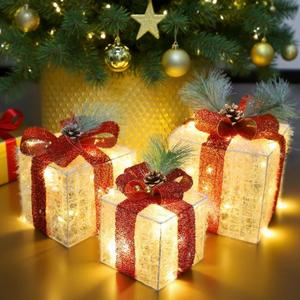 Set of 3 Christmas Lighted Gift Boxes Decorations, Lighted Present Box for Christmas Under Tree Indoor Decoration