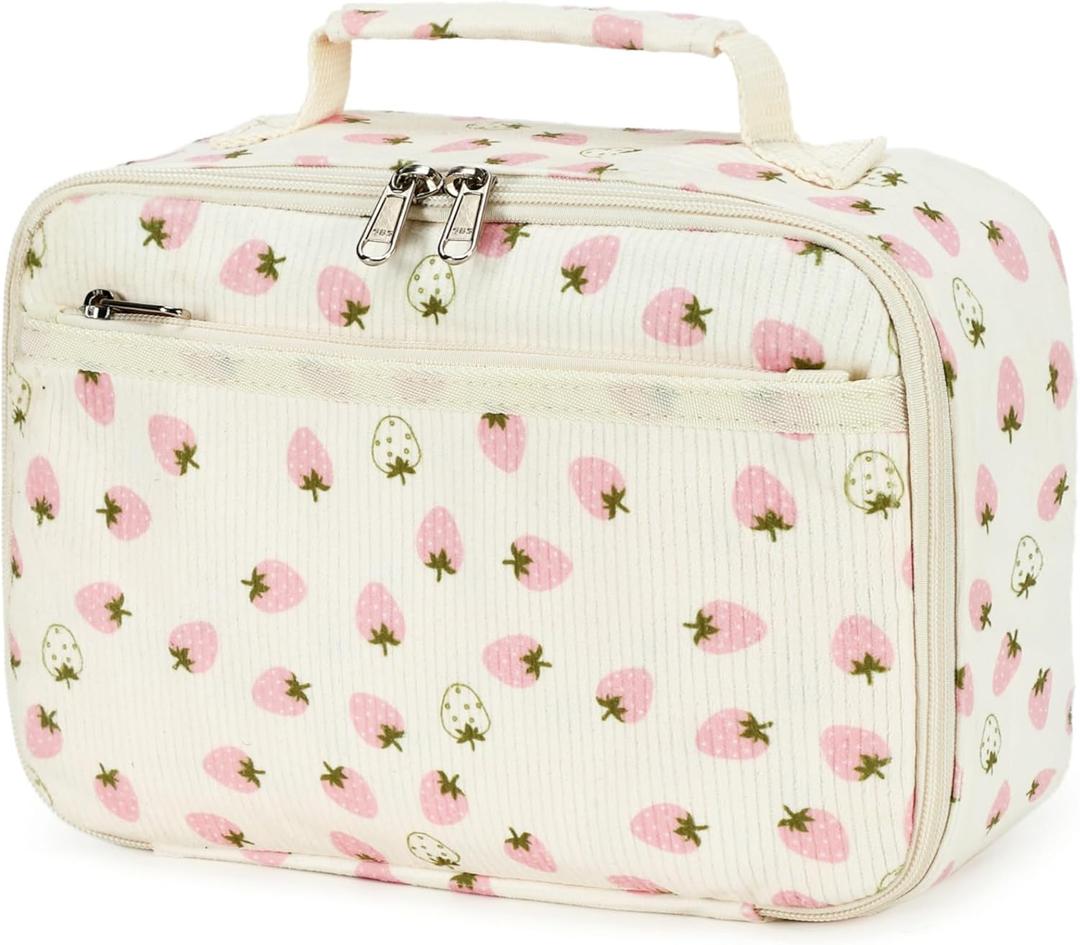 Bluboon Kids Girls Lunch Bag Insulated Lunch Box for school Corduroy Lunch Cooler Organizer School Kids Lunch Tote (Corduroy Pink & white strawberry)