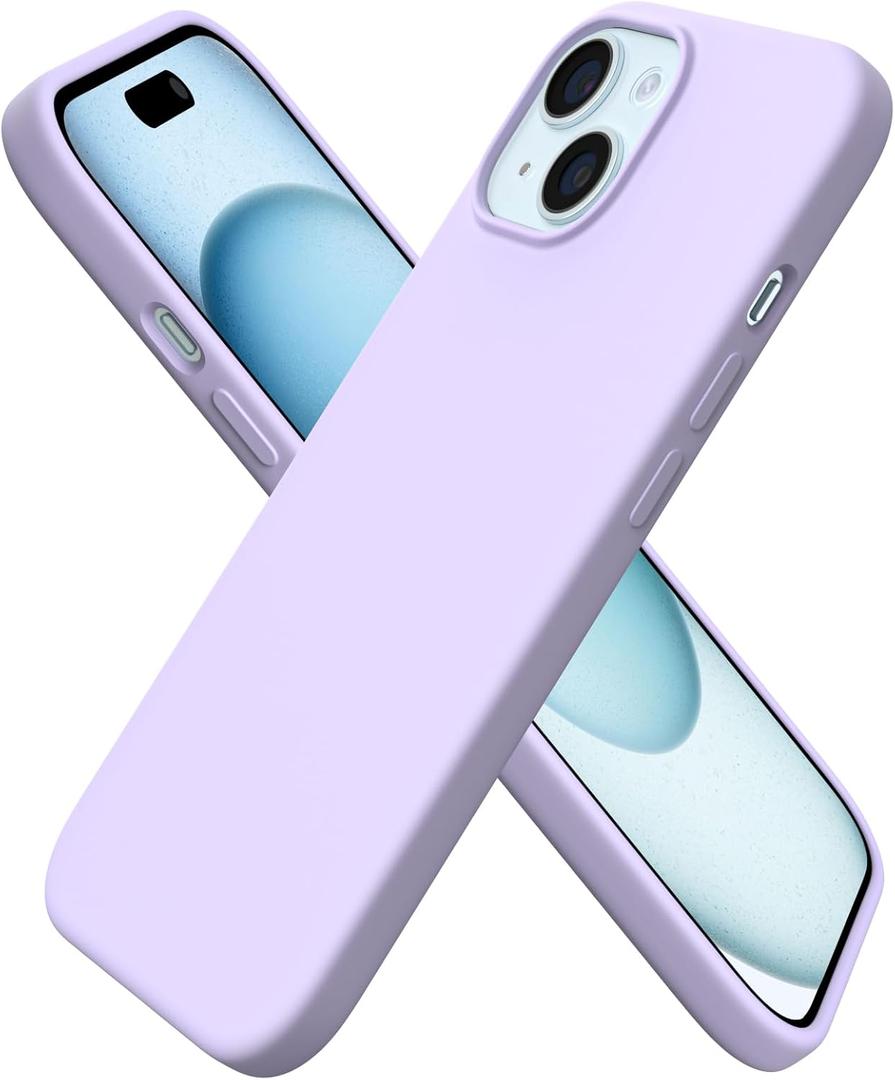ORNARTO Compatible with iPhone 15 Case 6.1, Slim Liquid Silicone 3 Layers Full Covered Soft Gel Rubber Phone Case, Anti-Scratch Shockproof Protective Cover 6.1 Inch, Pastel Lilac