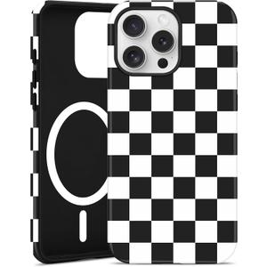 Jusy Compatible with MagSafe Checkerboard Phone Case for iPhone 13 Pro Max, Cute Aesthetic Checkered Magnetic Soft TPU & Hard PC Protective Phone Cover for Women GirlsMatte - Black & White