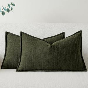 a moment Linen Pillow Covers Set of 2,Boho Farmhouse Throw Pillowcases Neutral Textured Decorative Covers for Couch Sofa,Linen Blend Accent Case Cushion Living Room Home Decor 20"x12"Dark Green