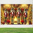 Christmas Nutcracker Banner 71x43 Inch Holiday Fireplace Scene with Tree s and Soldier Figures Backdrop for Winter Celebration Wall Decoration Indoor Festive Display