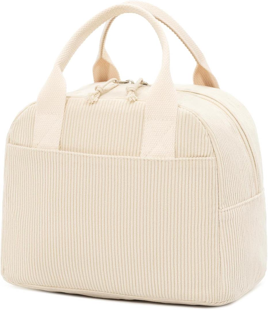 Insulated Cream Beige Lunch Bag for Women, Stylish Corduroy Tote with Aluminum Lining, Large Capacity Reusable Cooler for Work, Travel, or Beach, Beige Cream Water-Resistant Lunch Box