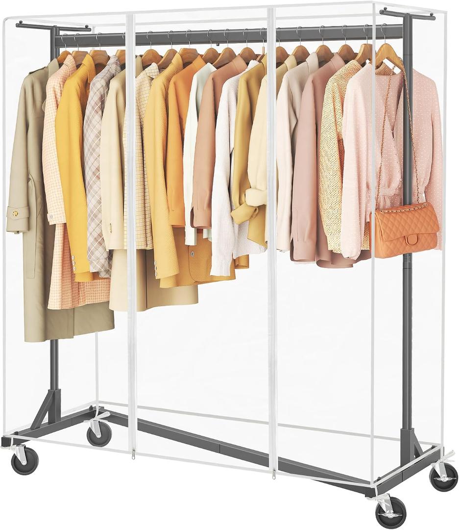 Hoctieon Z Clothes Rack with Cover, Metal Heavy Duty Clothing Rack, Rolling Garment Rack with Wheels, with Dustproof Cover Waterproof Protector, with 2 Durable Zippers, for Hanging Clothes, Black