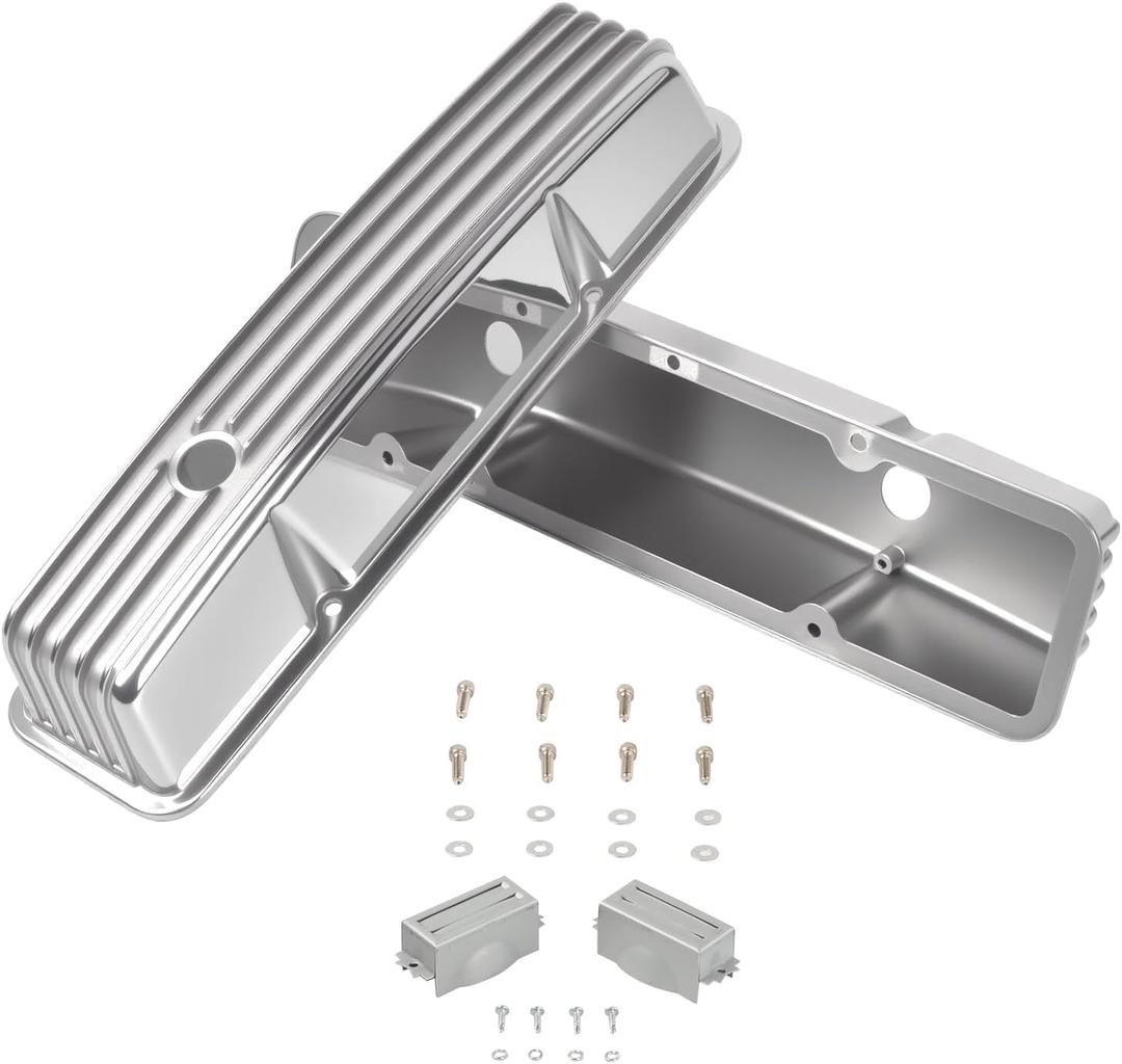Aluminum Valve Covers Finned Compatible with Small Block Chevy 58-86 Tall 327 350 400 - Polished Silver