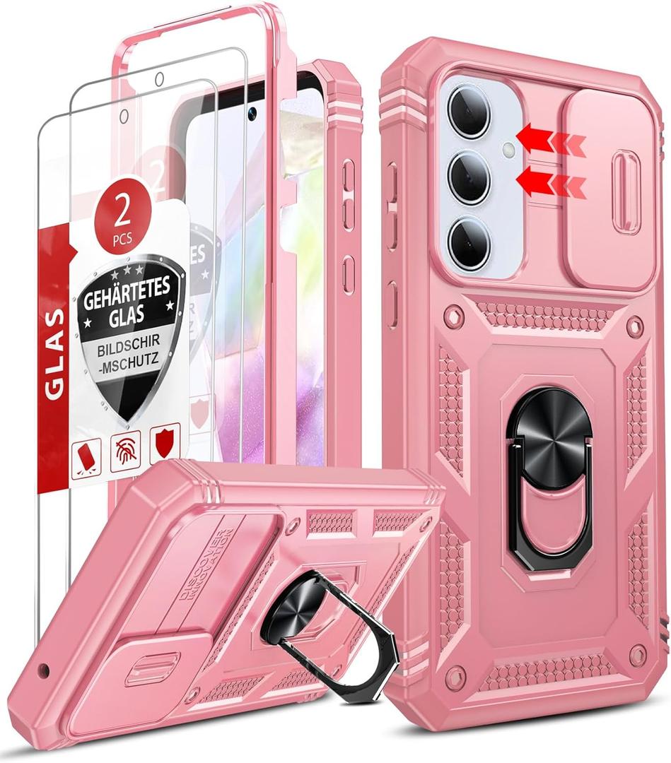 LeYi Compatible for Samsung A35-5G Case: Samsung Galaxy A35 5G Case with Screen Protector X2, Duel Layer Heavy Duty Protection, Camera Cover & Magnetic Kickstand for Galaxy A35 5G Phone Case, Pink